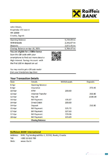 Download Croatia Raiffeisen bank statement excel Photoshop template